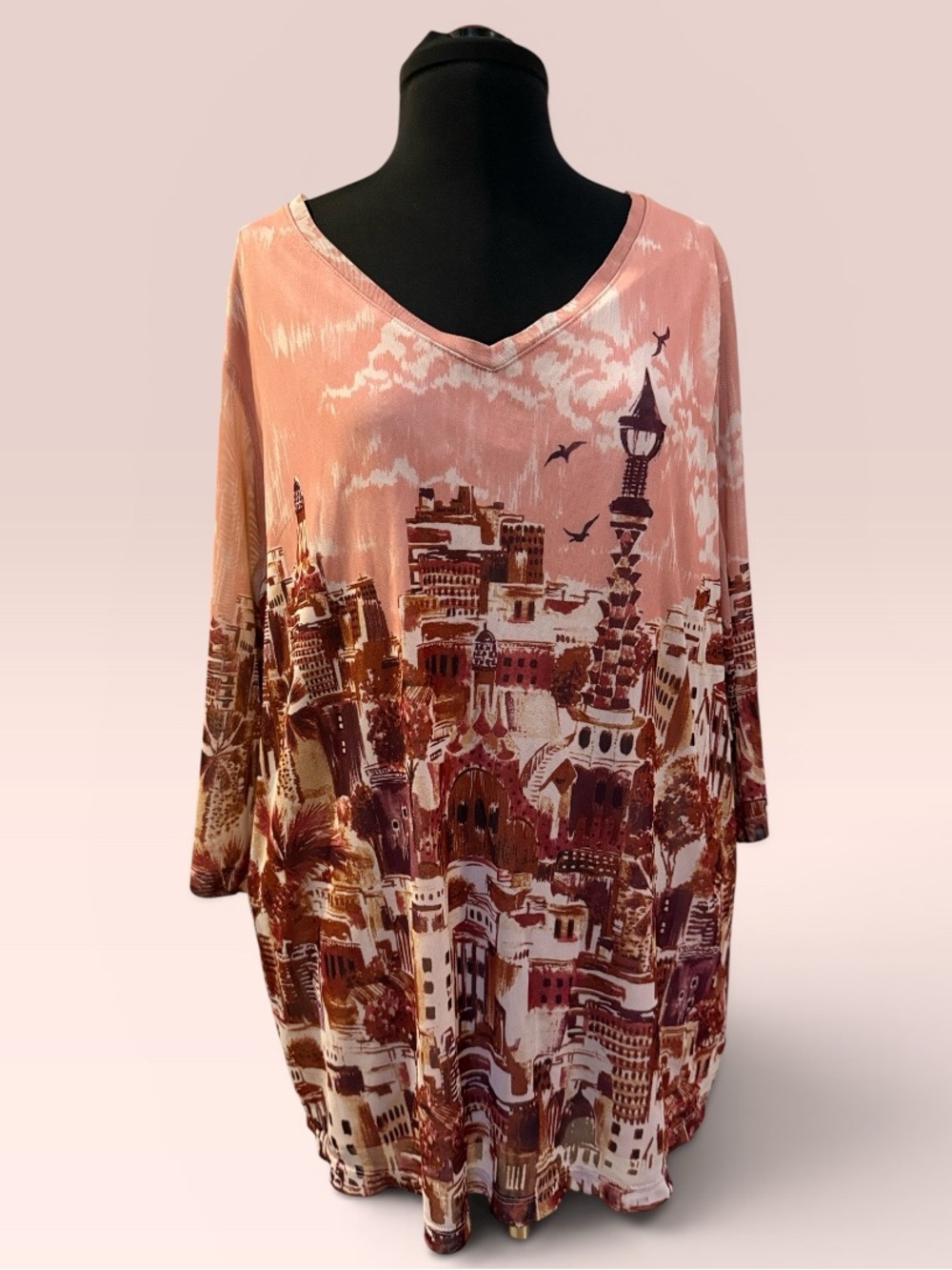 Catherines Pink and Brown Cityscape V-Neck Tunic